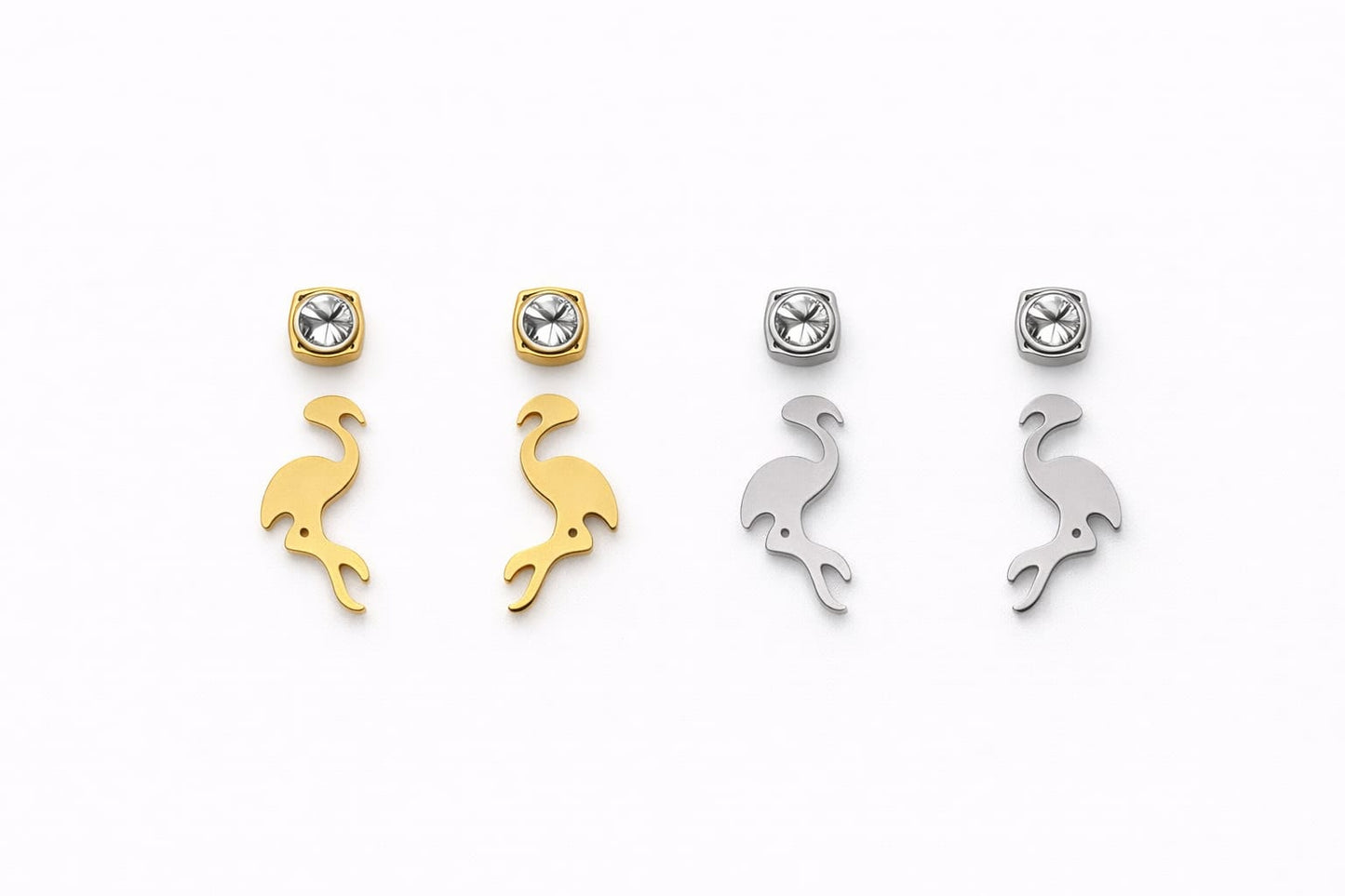 Juego de aretes de flamenco y de botón con circonitas en acero inoxidable. 