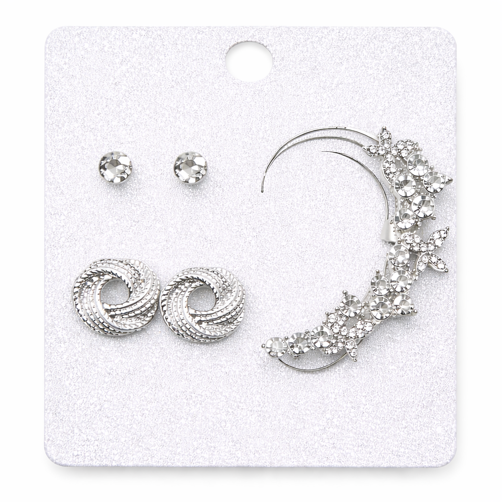 Set de Aretes Multipack con Cristales – 3 Pares + Ear Cuff