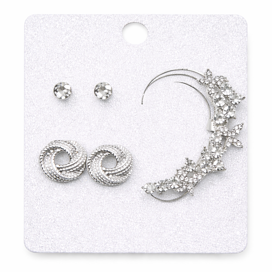 Set de Aretes Multipack con Cristales – 3 Pares + Ear Cuff