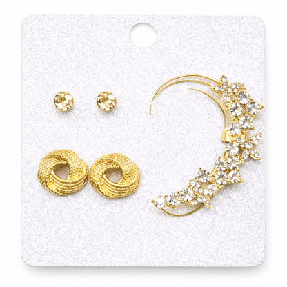 Set de Aretes Multipack con Cristales – 3 Pares + Ear Cuff
